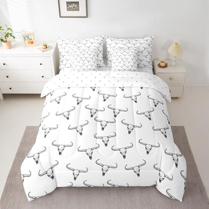 Erosebridal Bull Skull 7 Piece Comforter Set Queen Ethnic Bohemian Bedding for Men Boys | Tribal Steer Skull Wildlife Aztec Bedroom Decor Farmhouse Cabin Lodge Sheet Set with Comforter,Black White