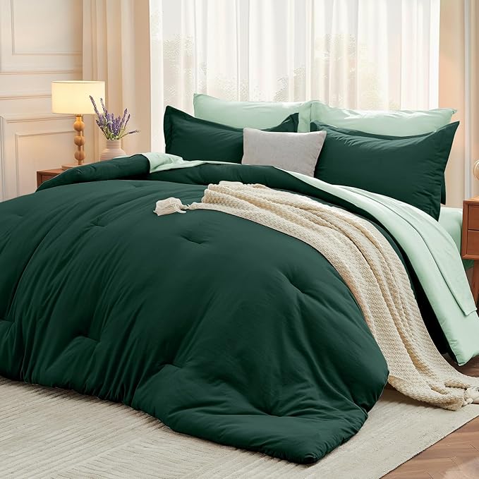 MUXHOMO 7 Pieces Queen Comforter Set, Soft Bed in a Bag Queen Size, All Season Bedding Set with Comforter, Flat Sheet, Fitted Sheet, Pillowcases & Shams, Forest Green & Sage Green