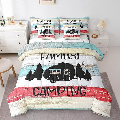 Erosebridal Happy Camping Full Comforter Set Bed in a Bag Family Camping Rv Comforter Set with Wooden Style Sheets(1 Comforter, 1 Flat Sheet, 2 Pillowcases and 2 Throw Pillow Covers)