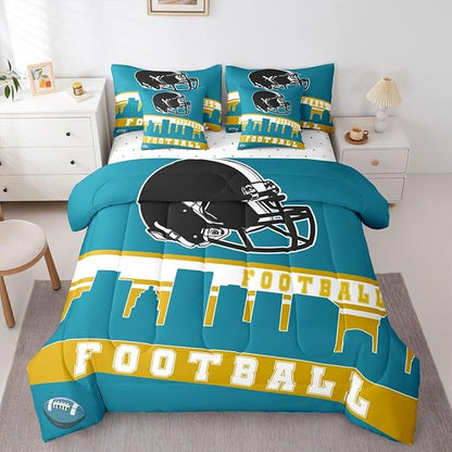Erosebridal Football 7 Pcs Comforter Set King Football City Bedding for Kids Teal Football Fans Sheet Set Bed in A Bag Rugby Game Bedroom Decor Sports Ball Competition Bed Set