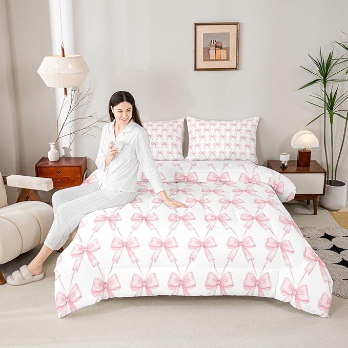 Feelyou Pink Bow Toddler Bedding Set for Girls, Pink Bow Comforter Set for Kids, Cute Bowknot Girls Comforter Kawaii Dreamy Princess Style Room Decor, 1 Pillowcase