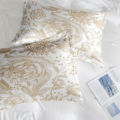 Comforter Set King Size, Rose Gold Floral Vintage 7 Pcs Bedding for Kids and Adults, Flower Leaves Retro Bed Sheet Sets with Fitted Sheet 2 Pillowcases & 2 Shams for Bedroom Bed Decor