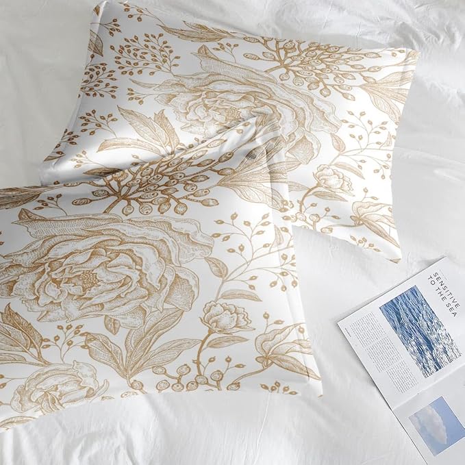 Comforter Set Queen Size, Rose Gold Floral Vintage 7 Pcs Bedding for Kids and Adults, Flower Leaves Retro Bed Sheet Sets with Fitted Sheet 2 Pillowcases & 2 Shams for Bedroom Bed Decor