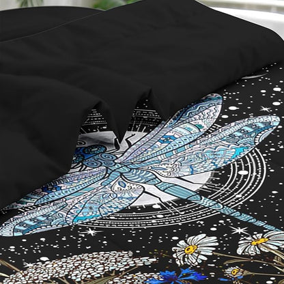 Comforter Set King Size, Dragonfly Flower Plant Bedding for Kids and Adults, Sun Moon Vintage Black Gold Bed Sheet Sets with Fitted Sheet 2 Pillowcases & 2 Shams for Bedroom Bed Decor