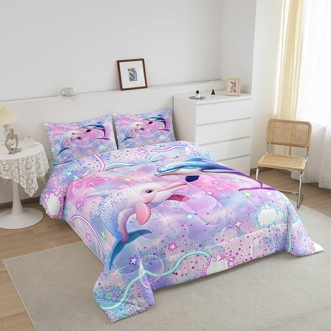 Kawaii Dolphin Bedding Set Full Size Colorful Glitter Sky Galaxy Comforter Set for Girls Kids Teens Cartoon Dream Fairy Tale Style Quilted Duvet Set Room Decor 3Pcs,Reversible Colorful