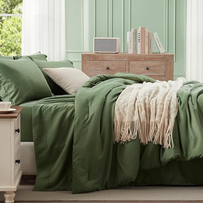 Anluoer Olive Green California King Comforter Set 7 Pieces, Bed in a Bag with Sheets, All Season Bedding Sets with 1 Comforter, 2 Pillow Shams, 2 Pillowcases, 1 Flat Sheet, 1 Fitted Sheet