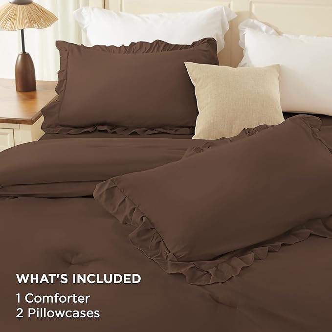 Andency Brown Oversized Queen Comforter Set (98x98Inch), 3 Pieces Lightweight Fluffy Ruffle Bedding Comforter Sets for Queen Bed, Farmhouse Shabby Chic Soft All Season Bed Set
