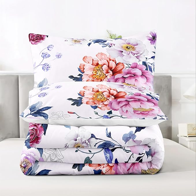 Raphus Cucullatus Purple & Pink Floral Comforter Set: Twin Size, Pretty Botanical Bed Set With Pink Flower & Quilt