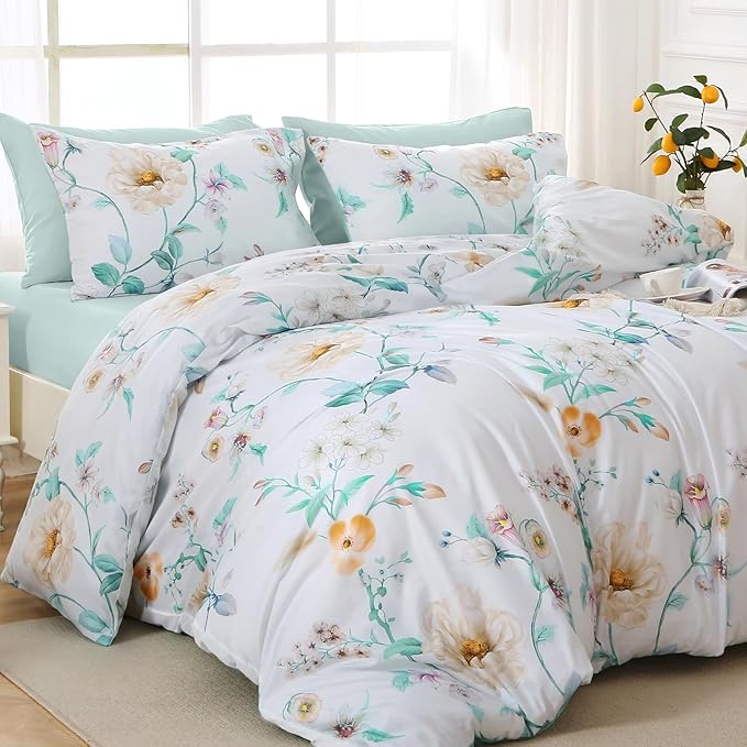 MUXHOMO Green Branch Bed in a Bag King 7 Pieces, King Comforter Set Reversible Botanical Flowers Design, Ultra Soft & Breathable Bedding Sets with Comforter, Sheets, Pillowcases & Shams