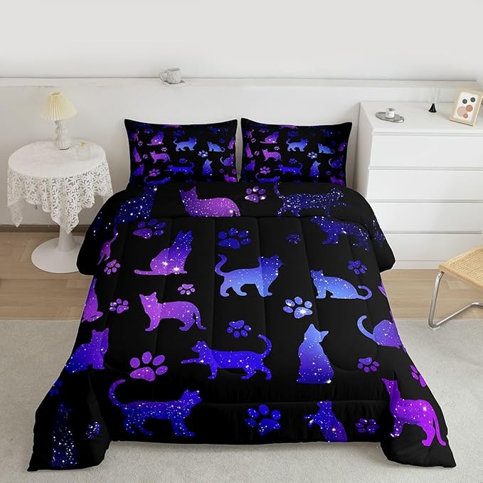 Erosebridal Cat Comforter Set King Cat Lovers Bedding Set Cats Cartoon Silhouette Purple Blue Reversible Black Ombre Down Comforter Neon Animal Paw Print Galaxy Slitter Stars Quilt Set For Kids