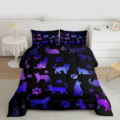 Cat Comforter Set Full Cat Lovers Bedding Cats Cartoon Silhouette Purple Blue Reversible Black Ombre Bedding Comforter Sets Neon Pets Animal Paw Print Galaxy Slitter Stars Quilt For Kids Boys Girls