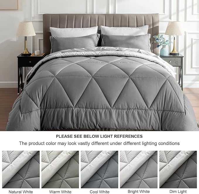 BEDELITE California King Size Comforter Set 7 Pieces Bed in A Bag - Soft Microfiber Reversible Cal King Grey Bed Set with Comforters, Sheets, Pillowcases & Shams, Cozy Bedding Sets for All Season
