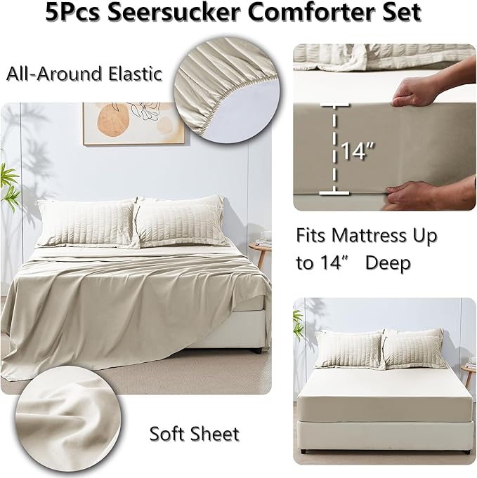 CozyLux Twin Comforter Set with Sheets Seersucker 5 Pieces, Beige Bed in a Bag for Bedroom, Textured Luxury Soft Bedding Set with Down Alternative Comforter, Sheets, Pillowcase & Sham for All Seasons