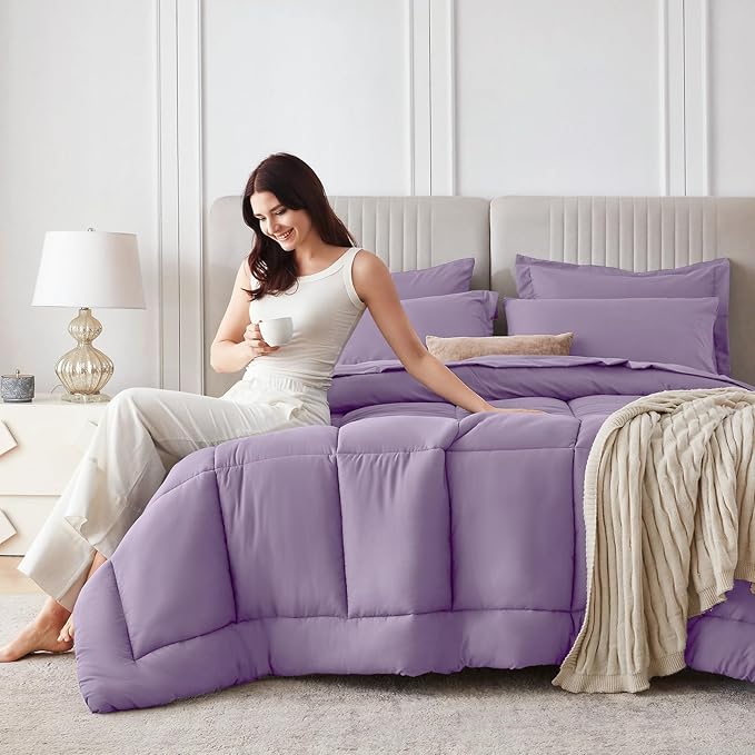 Sasttie California King Comforter Set, 7 Pieces Cal King Bed in a Bag, Complete Bedding Set Includes Comforter, Flat Sheet, Fitted Sheet, Pillowcases and Pillow Shams, Violet