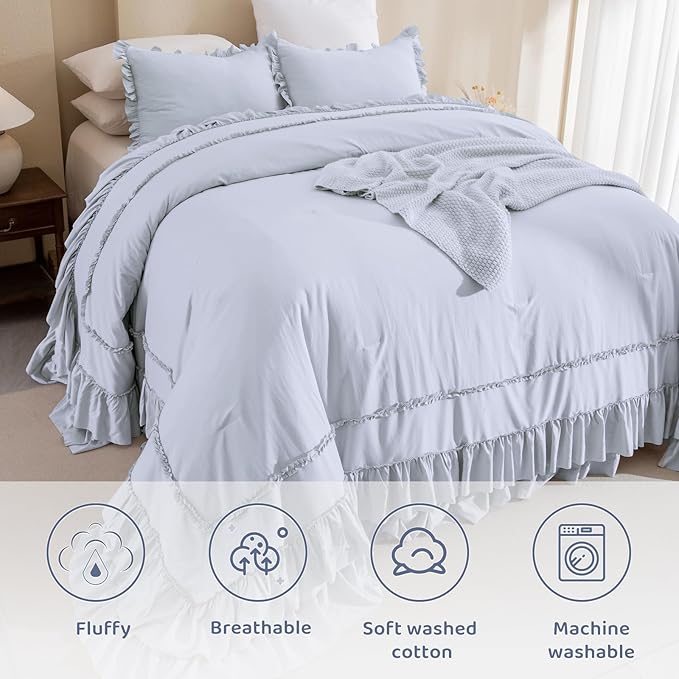 Sanracie Oversized King Comforter Sets 128" x 120", 3 Pieces Cornflower Blue Cotton Vintage Ruffle Bedding Comforter Set Lightweight Breathable Farmhouse Aesthetic Bedding Set