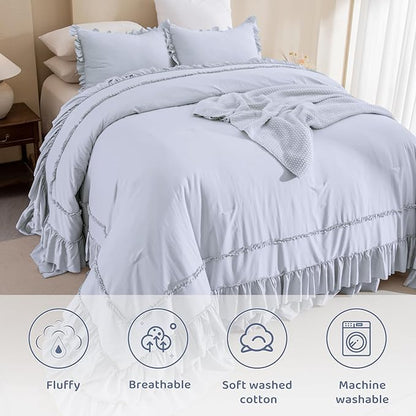 Sanracie Oversized King Comforter Sets 128" x 120", 3 Pieces Cornflower Blue Cotton Vintage Ruffle Bedding Comforter Set Lightweight Breathable Farmhouse Aesthetic Bedding Set