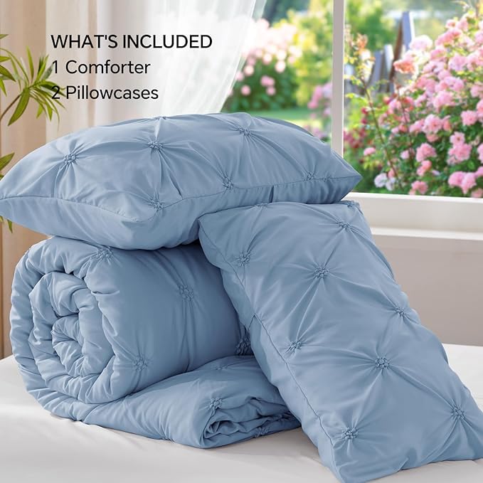 BEDELITE Cornflower Blue King Size Comforter Set - 3 Pieces Boho Pintuck Bedding Comforter Sets, Lightweight Soft & Warm King Bedding Set with 2 Pillowcases for All Season