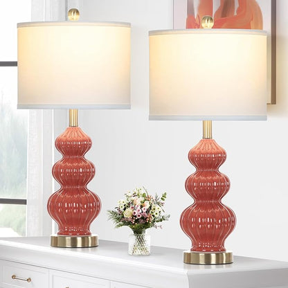 26" Triple Gourd Ceramic Table Lamps Set of 2,Modern Orange Bedside Lamps USB A+C Ports & AC Outlet -Ceramic Nightstand Lamps for Bedroom, 3 Way Touch Control Contemporary Living Room End Tables