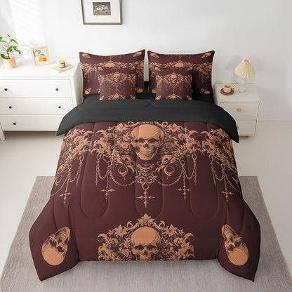 Erosebridal Gothic Bed in a Bag King Size Comforter Set 7 Pieces,Goth Sugar Skull Red Brown Damask Bedding Set,Bohemian Vintage Floral Comforter and Sheet Set,Exotic Antique Victorian Baroque Decor