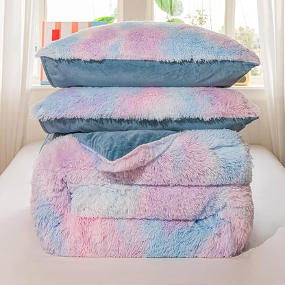 chovy Faux Fur Plush Tie-Dyed Blue Comforter Sets King - Ultra Soft Shaggy Flannel Velvet Fluffy Fuzzy 3PC Bedding Set （Comforter x 1 Pillowcases x 2）