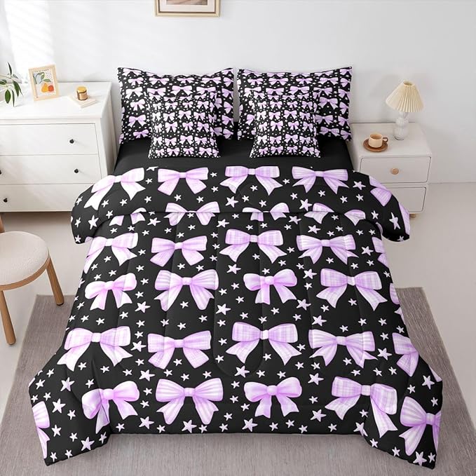 Erosebridal Bowknot Girls Kawaii Purple Black Full Comforter Set 7 Pieces | Cute Bow Bed in A Bag for Bedroom Princess Y2K Dreamy Bedding Set with Comforters Starry Room Decor