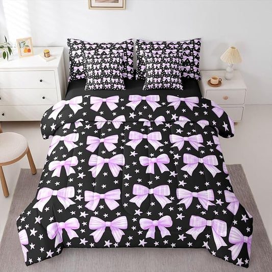 Erosebridal Bowknot Girls Kawaii Purple Black King 7-Piece Comforter Set | Cute Bow Sheets and Pillowcases Princess Y2K Dreamy Bed in A Bag Starry Bed Sets