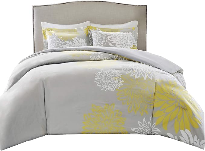 Comfort Spaces Enya Comforter Set-Modern Floral Design All Season Down Alternative Bedding, Matching Shams, Bedskirt, Decorative Pillows, King(104"x90"), Yellow