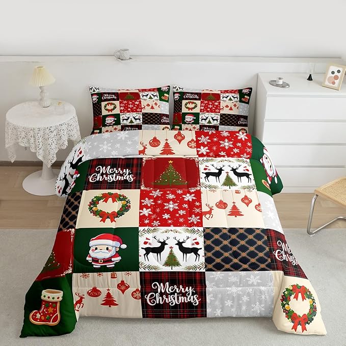 Merry Christmas Comforter Set Twin Size,Xmas Deer Santa Claus Pine Tree Bedding Set for Kids Girls Boys Red Green Grid Patchwork Plaid Quilt Set Winter Snowflake Duvet Insert,1 Pillowcase