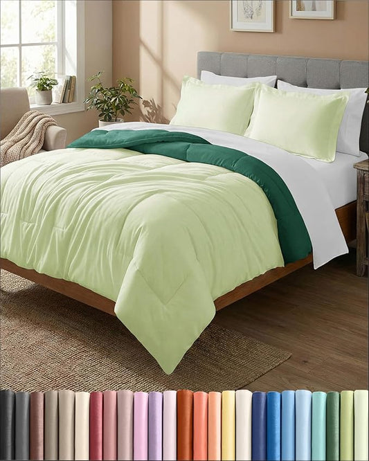 Full Comforter Set - 3 Piece Bed Set for All Seasons - 1 Soft Quilted Comforter w/ Corner Tabs & 2 Pillow Shams - Comfy, Cozy & Breathable - Premium Down Duvet Insert - Full Size, Emerald/Light Sage