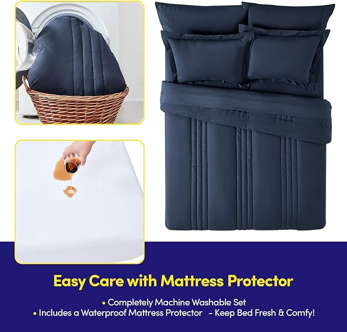 Full Size Comforter Set Quilted Stripe Bedding Bundle – Stylish Set with Comforter, Mattress Protector, Sheet Set & Pillow Shams — Sophisticated Striped Design for Home & Guest Rooms, Navy Blue
