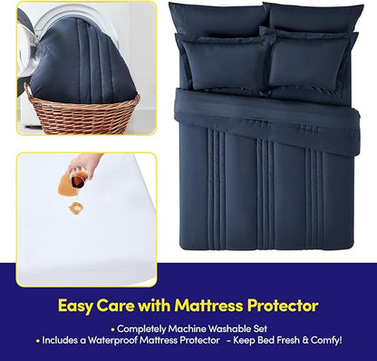 Full Size Comforter Set Quilted Stripe Bedding Bundle – Stylish Set with Comforter, Mattress Protector, Sheet Set & Pillow Shams — Sophisticated Striped Design for Home & Guest Rooms, Navy Blue