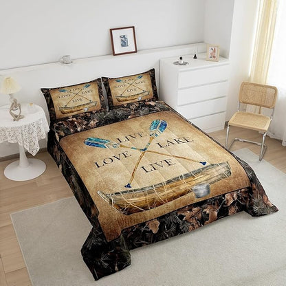 Erosebridal Lake House Bedding Sets Rustic Farmhouse Full Size Comforter Set Camo Lake Paddles Boat Fishing Quilt Bedding Sets Gifts for Lake Lovers,Tree Camouflage Farmhouse Cabin Bed Set 3 Pcs