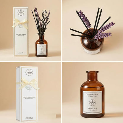 Eucalyptus & Lavender Essential Oil Reed Diffuser - 3.34 Fl Oz, Natural Calming Aromatherapy for Bedroom, Long Lasting Stress Relief Room Scent, Spa Like Home Fragrance, Non-Toxic & Gift Ready