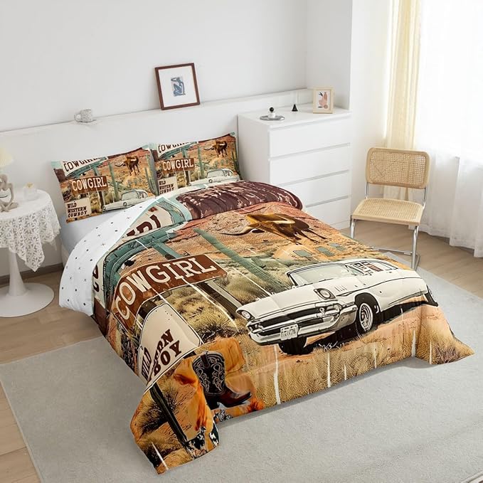 Feelyou Western Aztec Comforter Set Toddler Size Cowboy Cow Duvet Quilt for Kids Teens Adults Wild Western Shoes Rustic Tribal Car Bedding Set Room Decor with 1 Pillow Case All Season Soft 2Pcs