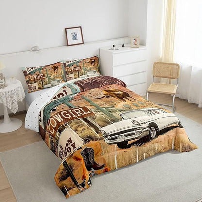 Feelyou Western Aztec Comforter Set Toddler Size Cowboy Cow Duvet Quilt for Kids Teens Adults Wild Western Shoes Rustic Tribal Car Bedding Set Room Decor with 1 Pillow Case All Season Soft 2Pcs