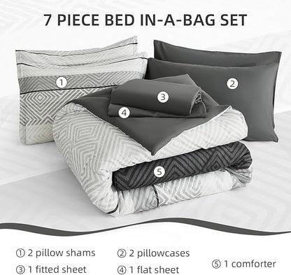 Drucon Black and Grey Comforter Set California King Size 7 Piece Bed in a Bag Boho Striped Bedding Set Soft Microfiber Comforter and Sheet Set for All Season (Cal King, 104"x96")