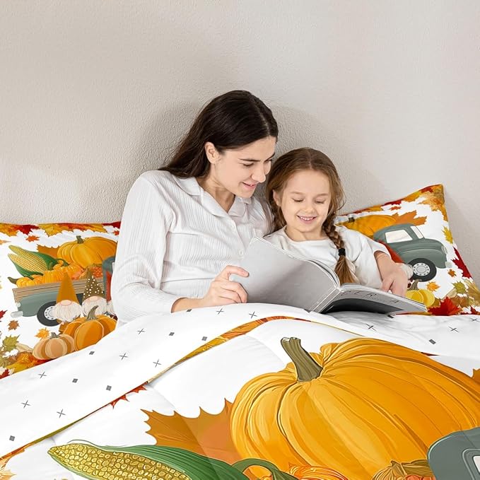 Fall Pumpkins Comforter Set Cute Autumn Gnomes Bedding Sets Thanksgiving Harvest Season Theme Comforter Queen Gifts For Kids Teen Adults,Maple Leaves Soft Microfiber Quilt Duvet 2 Pillow Cases