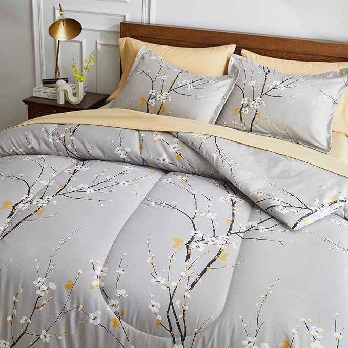 Gray Comforter Sheet Set Bed in a Bag 7 Pieces Cal King Size Tree Branch Bloom Flower Bedding Set (1 California King Comforter 2 Pillow Shams 1 Tan Flat Sheet 1 Fitted Sheet 2 Pillowcases)