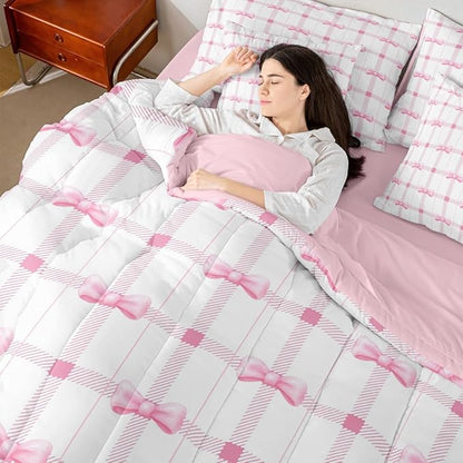 Erosebridal Pink Plaid Bowknot Kids Girly 7 Piece Bedding Set Twin | Princess Dreamy Cute Bow Comforter Set with Sheets Checkered Sweet White Bed in A Bag Teens Women Bed Sets