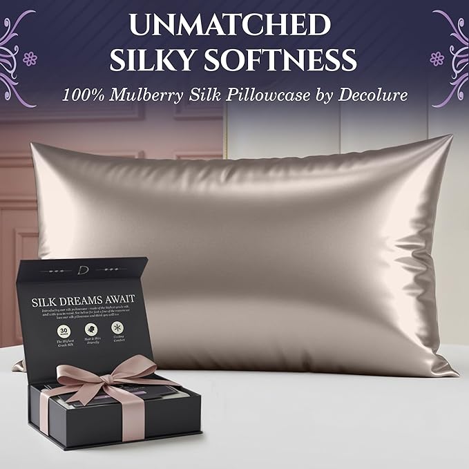 DECOLURE 100% Pure Mulberry Silk Pillow Case Queen Size – Highest Grade 30 Momme 6A+, Luxuriously Soft & Cooling Silk Pillowcase for Hair & Skin, Hypoallergenic, Breathable, Hidden Zipper (Champagne)