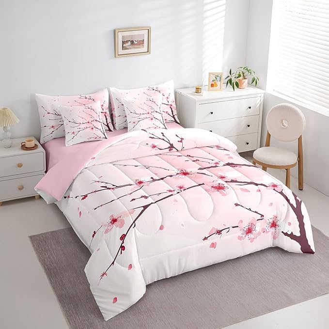 Feelyou Cherry Blossom Comforter Set King Size 7 Pcs Girls Sakura Floral Comforter Bed in a Bag Japanese Style Flower Bedding Set for Women Pink White Bed Set with Sheets, Pillowcases, Pillow Covers