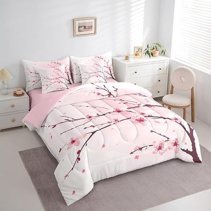 Feelyou Cherry Blossom Comforter Set King Size 7 Pcs Girls Sakura Floral Comforter Bed in a Bag Japanese Style Flower Bedding Set for Women Pink White Bed Set with Sheets, Pillowcases, Pillow Covers