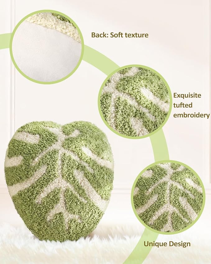 Leaf Shaped Throw Pillow - Cute Plush Plant Pillow for Couch, Sofa, or Living Room, 16.5" x 10.6" Green Monstera Decorative Cushion for Home Decor