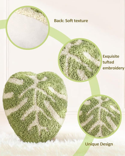 Leaf Shaped Throw Pillow - Cute Plush Plant Pillow for Couch, Sofa, or Living Room, 16.5" x 10.6" Green Monstera Decorative Cushion for Home Decor