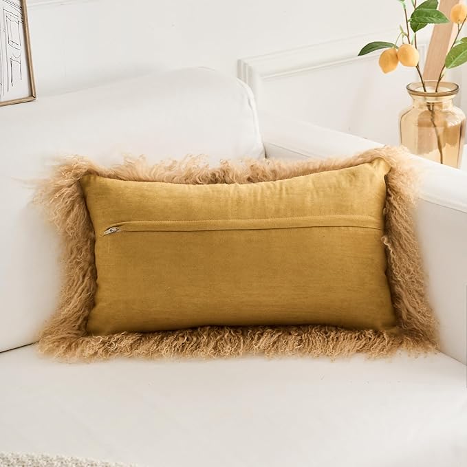 Genuine Mongolian Lamb Fur Pillow Cover – 12"x20" Rectangular Cushion Case – Soft Curly Wool Decorative Accent for Sofa, Bed, or Chair (Toffee)
