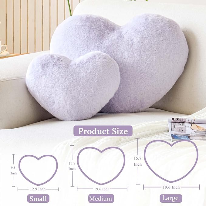 Lavender Heart Pillows, Cute Heart Decorative Pillow, Heart Shaped Throw Pillows for Bed, Faux Rabbit Fur Plush Hoom Decor Pillow Cushion for Chair Sofa Living Room (Mini 12.9" x 9.8")