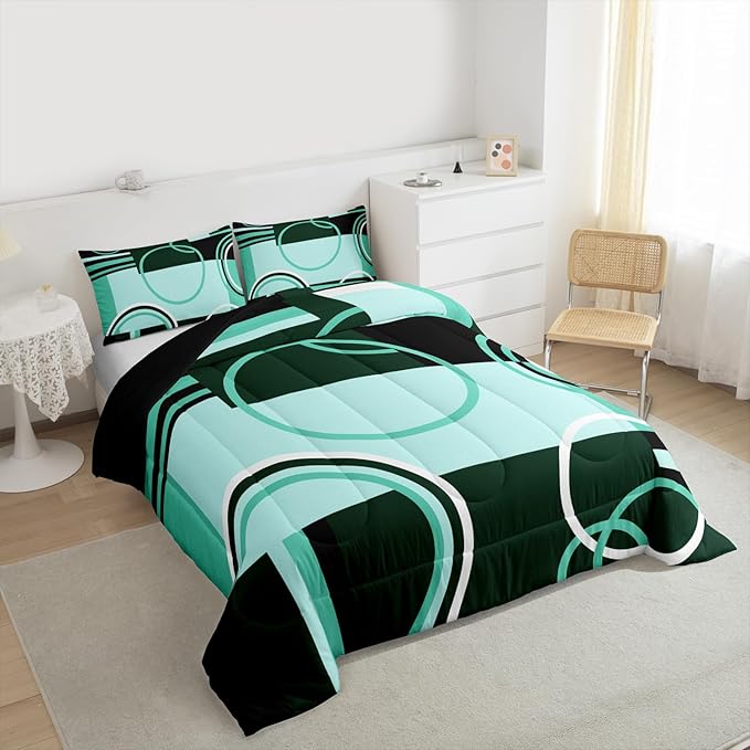 Retro Green Grey Black Comforter Queen Size Swirls Gromment Bedding Set for Kids Teens Adult Abstract Circles Rings Quilt Geometric Grid Duvet Insert Graphic Texture Quilted Comforter