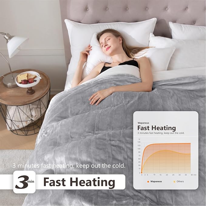 Wapaneus Heated Blanket Electric Blanket 62" x 84" Twin Size with 10 Heating Levels and 12 Hours time Settings, Flannel Fast-Heating Electric Blanket, ETL Listed, Machine Washable,Light Grey