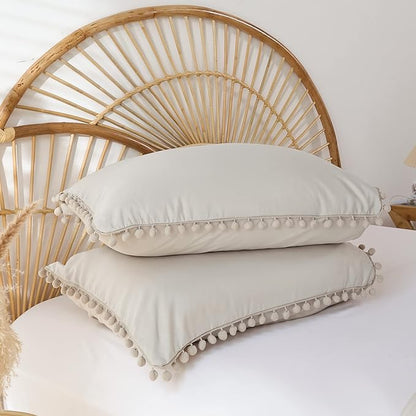 YIRDDEO Queen Comforter Set - Comforter Queen Size Sets with Ball Pom Fringe, Soft Bedding Set for All Seasons - 3 Pieces, 1 Comforter (90"x90") & 2 Pillow Shams (20"x26"), Oatmeal