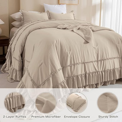 Masaca Oversized Comforter King Size 120x120,Farmhouse Shabby Boho Chic Ruffle California King Bed Comforter Set French Country Rustic Bedding 3PCS (1 Ruffled Comforter+2 Pillow Shams)